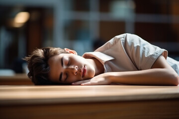 Obraz na płótnie Canvas Young boy sleeping peacefully at a desk.