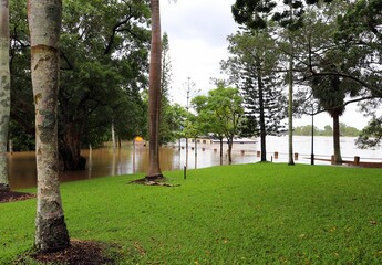 Scenic view of a flooded landscape with trees in Maryborough, Queensland, Australia,