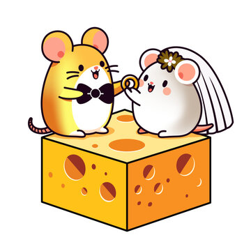 Hamster wearing a bowtie and a mouse in a veil, exchanging rings atop a piece of cheese vector illustration, hamster and mouse marriage wedding stock vector image, hamster or mouse couple