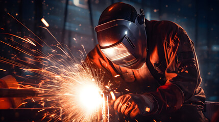 A welder in protective overalls and a welding mask welds metal structures by welding in a hard-to-reach place. forced posture. scaphander