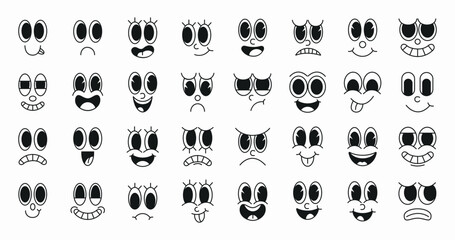 Set of 70s groovy comic faces vector. Collection of cartoon character faces, in different emotions, happy, angry, sad, cheerful. Cute retro groovy hippie illustration for decorative, sticker