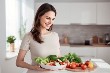 Obraz na płótnie Canvas pregnant woman smiling and eating a plate of healthy food containing vegetables and fruits