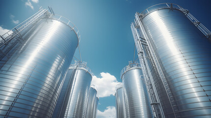 Silver oil tank in the blue sky background