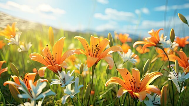  a field full of orange and white flowers under a blue sky with a few clouds in the backgroud.  generative ai