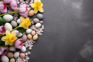 Springtime composition with flowers, eggs, and text space against a gray background. Generative AI