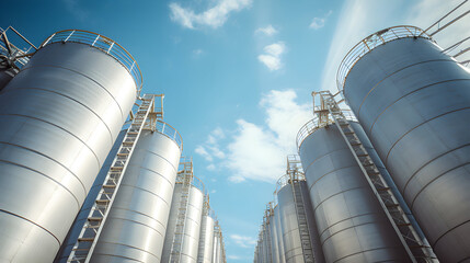 Silver oil tank in the blue sky background