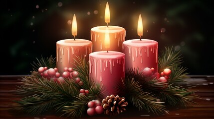 Obraz na płótnie Canvas Christmas Advent Candles Wreath Snow Holiday Decoration Festive Scene