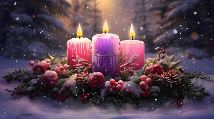 Christmas Advent Candles Wreath Snow Holiday Decoration Festive Scene - obrazy, fototapety, plakaty