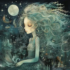 Schilderijen op glas a cartoon of cute mermaid and the moon © Kei