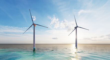 Ocean Wind Farm. Close-up Windmill farm in the ocean. Offshore wind turbines in the sea. 