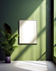 Photo frame mockup on a green wall with a beautiful plant.