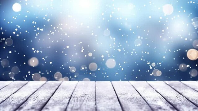 Winter background with table and snowflakes. 