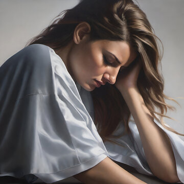 Woman with hair down over head leaning on hand having anxiety attack followed by depression