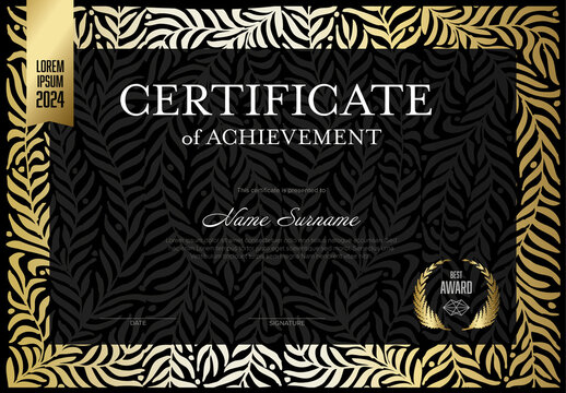 Modern dark golden certificate template with golden floral pattern