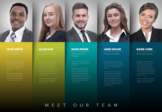 Company team presentation template with team member profiles in color columns