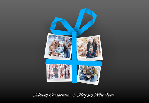 Christmas family photo card layout template in the shape of christmas present