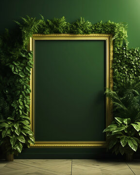 Photo frame mockup on a green wall with a beautiful plant.