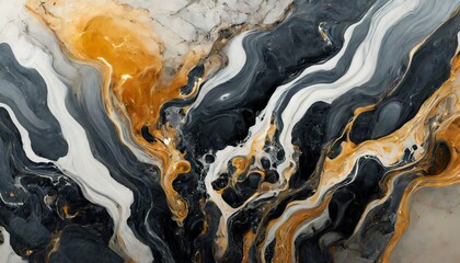 Liquid white, black and gold marbles blending slowly, mixing together gently background