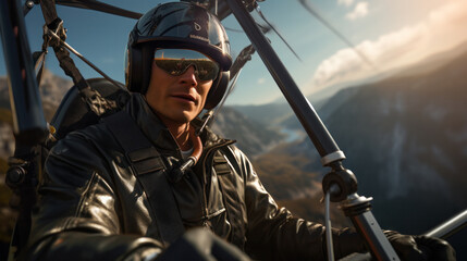 Powered paragliding flight, man taking selfie with action camera