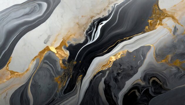 Liquid white, black and gold marbles blending slowly, mixing together gently background © CreativeStock