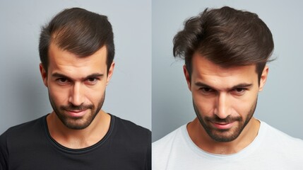 Frontal view of a man's hair transplant journey: Before and after. - obrazy, fototapety, plakaty