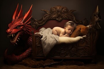 Portrait of a newborn baby with dragon bed, captured in a tender and timeless moment. Generative AI