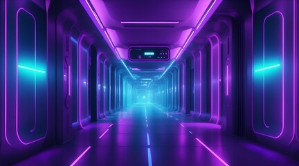 Fototapeta premium Abstract background of futuristic corridor with purple and blue neon lights