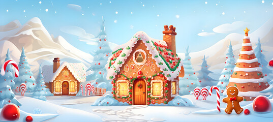 Fototapeta na wymiar Banner of Gingerbread house on Christmas background 