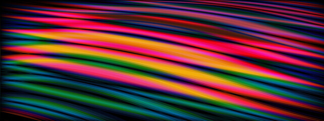 multi-coloured wide format series of gentle curved striped design on a black background
