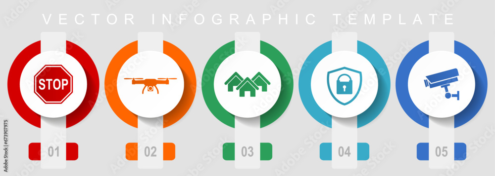 Poster home security flat design icon set, miscellaneous icons such as stop sign, drone, house, cctv camera