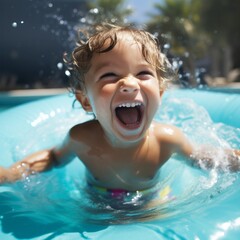 Fototapeta na wymiar Happy child boy having fun swimming in the pool in a sunny day.