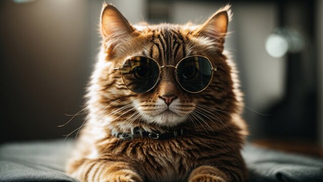 Close up high resolution image of a cool cat wearing sunglasses in a photo stduio. Generative AI.