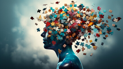human brain with jigsaw puzzle pieces - obrazy, fototapety, plakaty