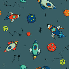 Fototapeta premium Seamless childish pattern with space elements, star. Creative nursery background. Perfect for kids design, fabric, wrapping, wallpaper, textile, apparel