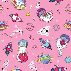 Fun cat astronaut in space seamless pattern. Vector cartoon charters. Editable vector illustration. © Kseniia Koval
