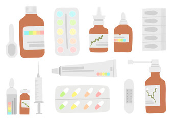 Medicine set of vector illustrations including pills, oinment, nasal drops, cough syrop, throat spray, injection, pharmacy stickerpack, medical treatment objects and elements