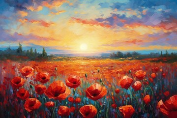 Fototapeta na wymiar Vibrant impressionist painting of a poppy field with red flowers, sun rays, and clouds. Suitable for posters, fabrics, and invitations. Generative AI
