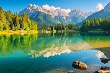 Colorful summer landscape of Lake Fusine with Julian Alps in background. Bright morning view in Udine province, Italy, Europe. Travel concept background. Generative AI