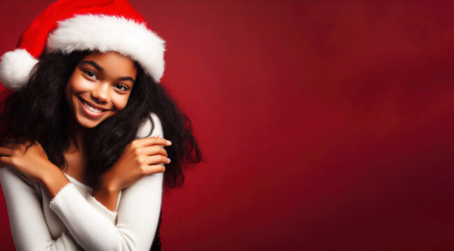 portrait of a smiling girl in santa hat on red background. ai generative