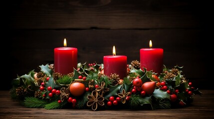 Obraz na płótnie Canvas Advent Wreath with Four Candles - Modern Handmade Holiday Decoration for Christmas Celebrations and Home Decor