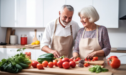 Happiness in the Kitchen, Elderly Couple Cooking Together - obrazy, fototapety, plakaty