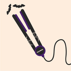 Flat Design Halloween Illustration with Hair Straightener and Bat ,Spider