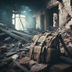 Fototapeta na wymiar soldier,soldier's clothing,helmet,armor,bag in the middle of a destroyed building war background