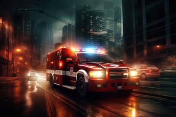 911. Photo of an emergency ambulance car fast driving on night city downtown district with motion blur. An ambulance rushes on call through the city at night. - obrazy, fototapety, plakaty