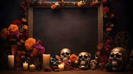 Altar in memory of our beloved and unforgettable deceased in the celebration of the day of the dead.. Empty photo frame, Generative AI. - obrazy, fototapety, plakaty