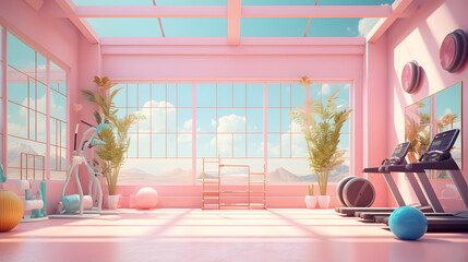 pink gym room for 3d rendering, pastel, outdoor, studio light, fitness, health