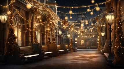 Fototapeta premium Festive golden illumination on an evening city street. Warm garland in a town. AI generated