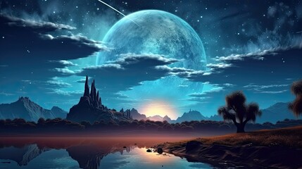 Futuristic fantasy landscape, sci-fi landscape with planet, neon light, ai generative