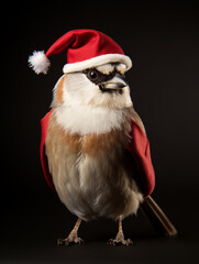 An Anthropomorphic Sparrow Dress Up as Santa Claus