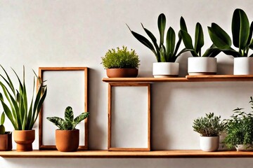 hipster plant pots and bamboo shelf, plants and pristine walls in scandinavian decor, fresh idea for blooming shelves, scandinavian interior mock-up